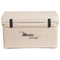 A tan Engel Coolers 65 High Performance Hard Cooler and Ice Box with a black logo on it.
