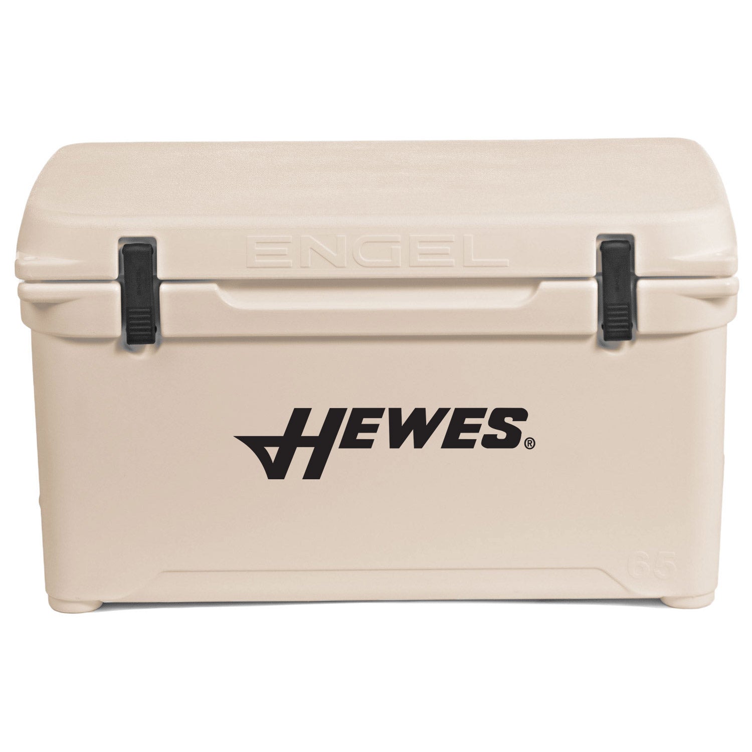 A beige, roto-molded cooler with the words Engel Coolers on it.