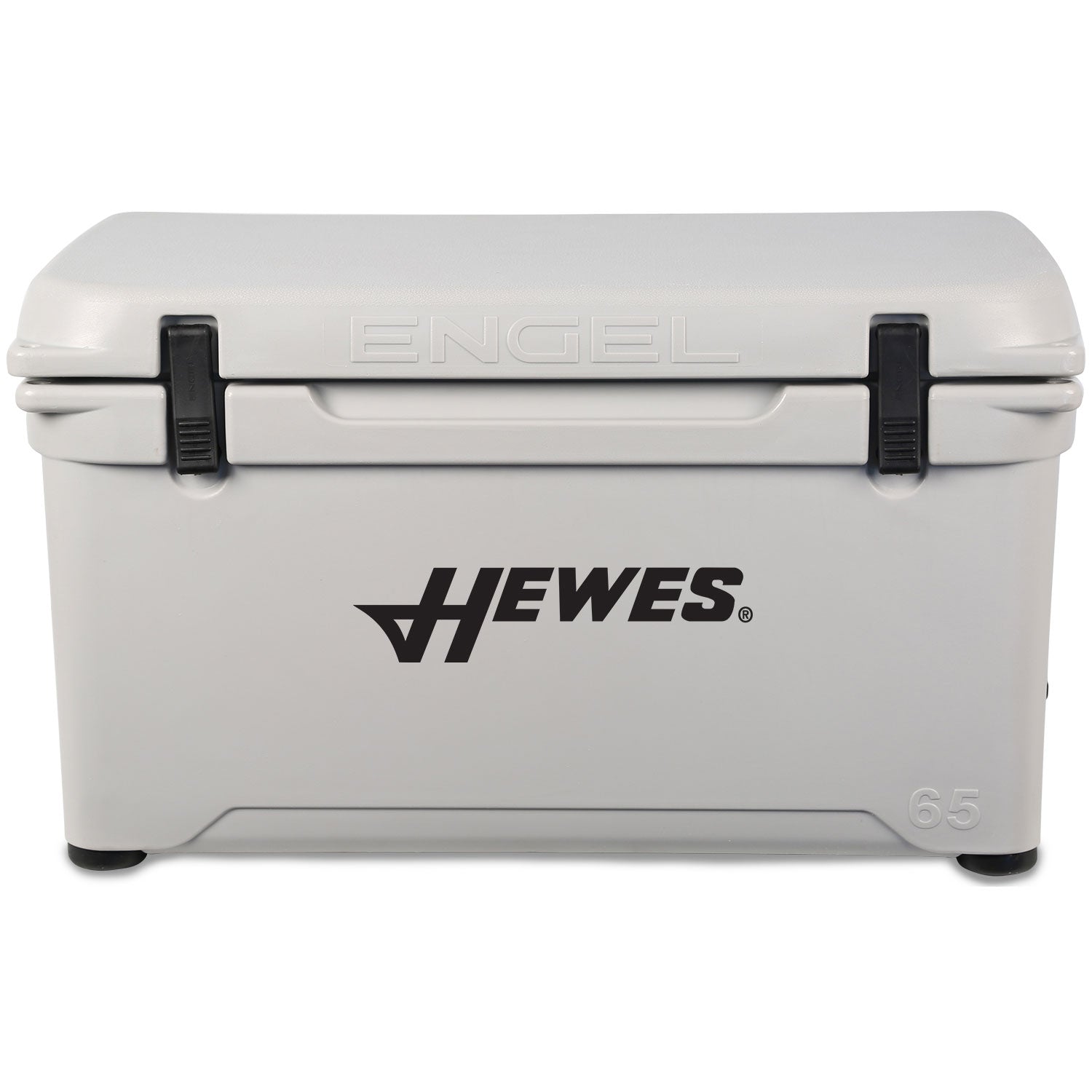 A gray Engel Coolers roto-molded cooler with the words hewes on it.