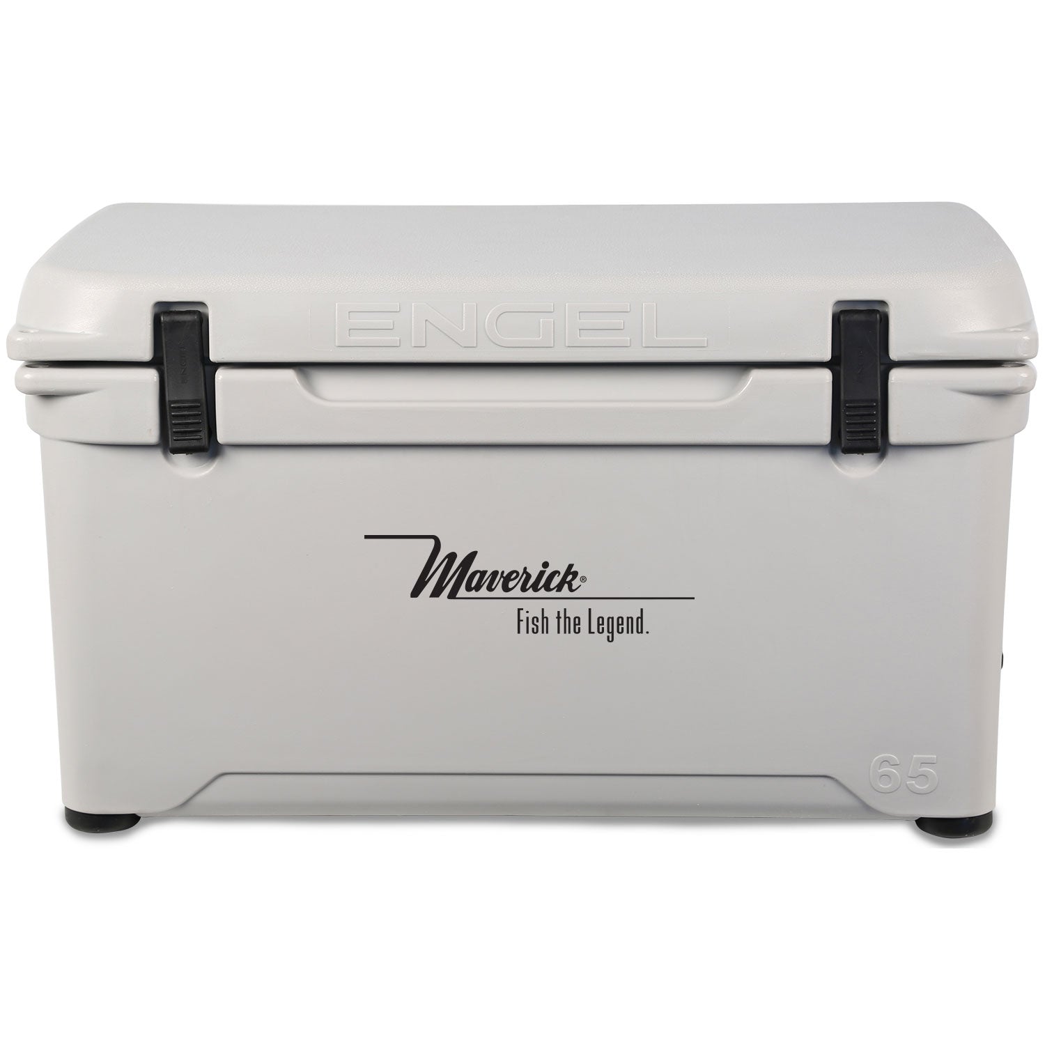 A gray roto-molded cooler with the word Engel Coolers on it.