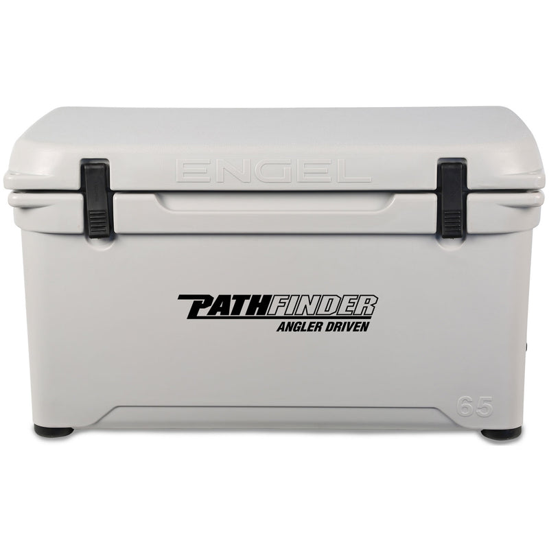 A gray Engel Coolers roto-molded cooler with the word "Pathfinder" on it.