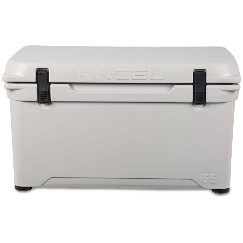A gray, Engel 65 High Performance Hard Cooler and Ice Box with black handles.