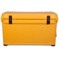 A yellow, Engel 65 High Performance Hard Cooler and Ice Box by Engel Coolers on a white background.