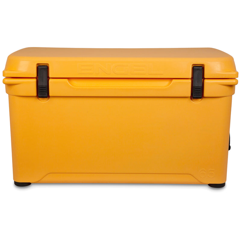A yellow, Engel 65 High Performance Hard Cooler and Ice Box by Engel Coolers on a white background.
