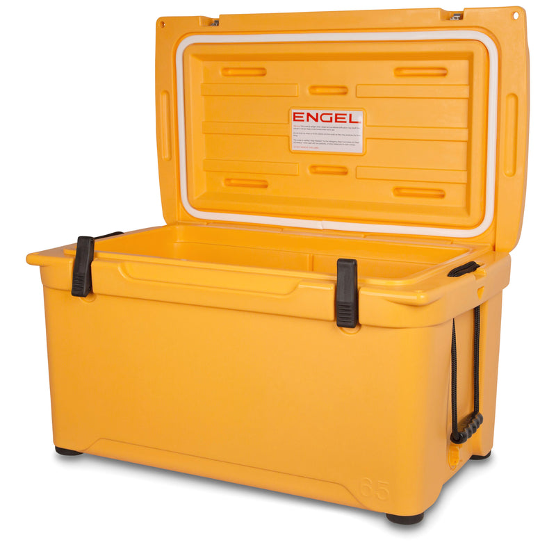A yellow Engel 65 High Performance Hard Cooler and Ice Box by Engel Coolers on a white background.