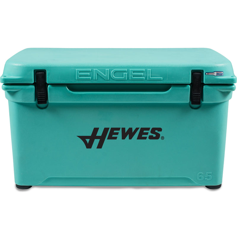 A teal Engel 65 High Performance Hard Cooler and Ice Box with the word Engel Coolers on it.