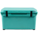 A teal roto-molded cooler with the word Engel Coolers on it, known for its ice retention.