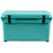 A teal roto-molded cooler with the word Engel Coolers on it, known for its ice retention.