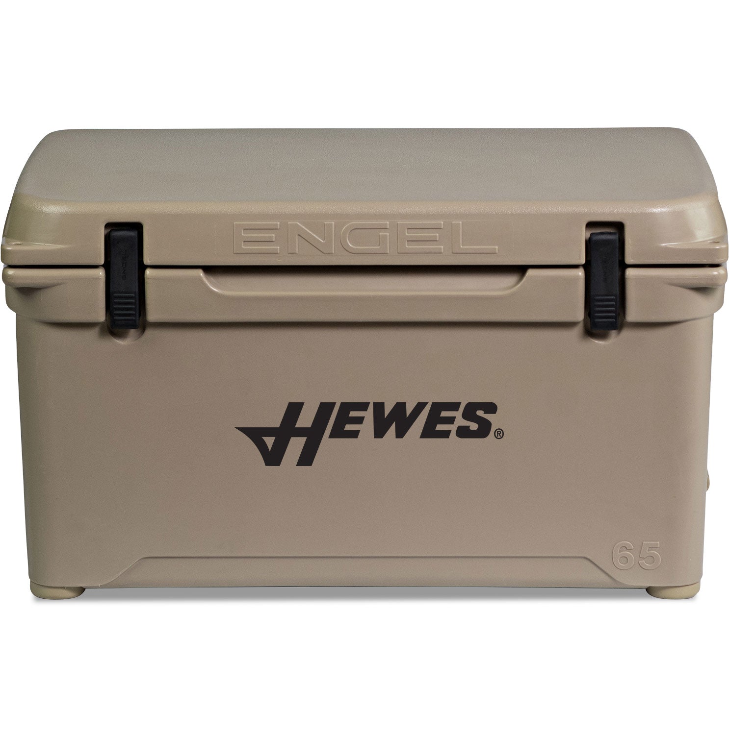 A Engel Coolers roto-molded cooler with the word "hewes" on it.