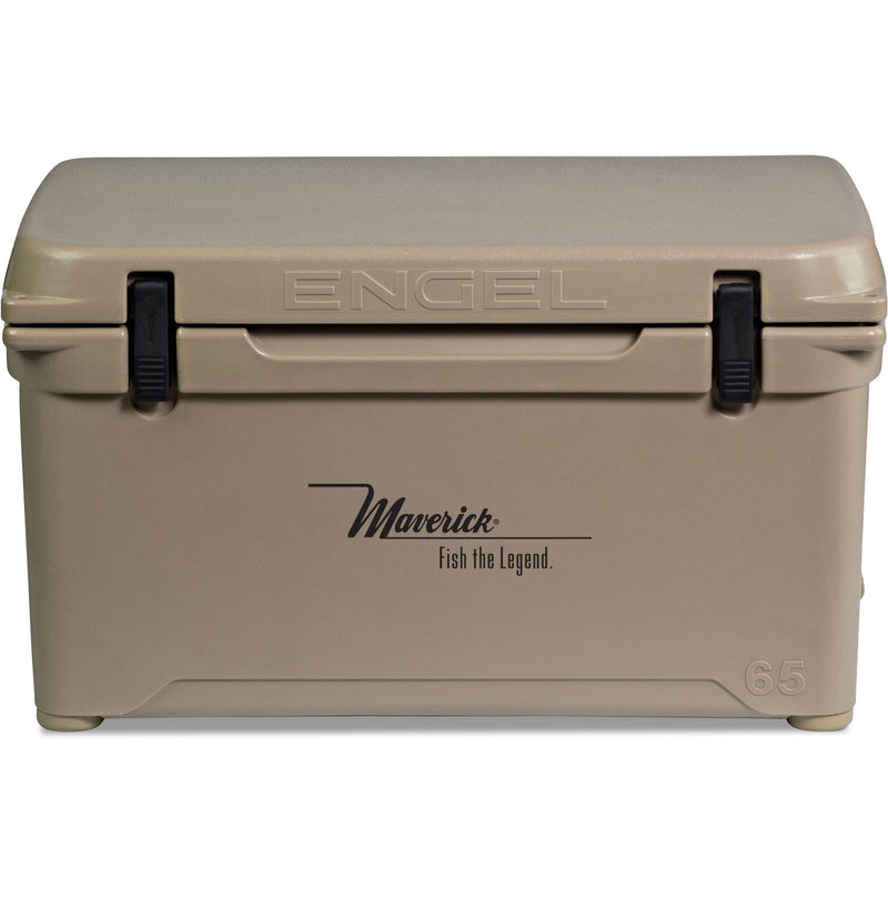 A tan roto-molded cooler with the word Engel Coolers on it.