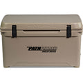 A tan, Engel Coolers 65 High Performance Hard Cooler and Ice Box with a black lid.