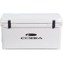A white Engel 80 High Performance Hard Cooler and Ice Box with the Cobia logo on it.