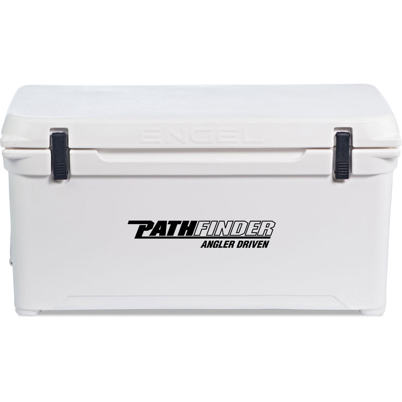 A white Engel Coolers Engel 80 High Performance Hard Cooler and Ice Box with the words "Pathfinder" on it.