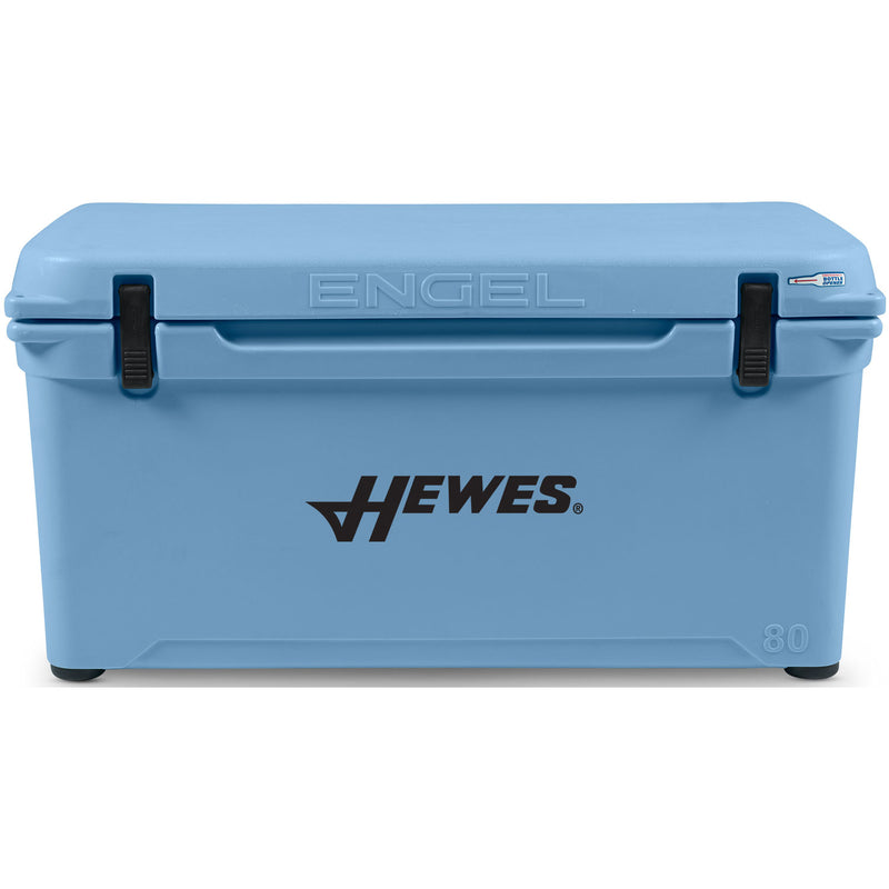 A blue, Engel 80 High Performance Hard Cooler and Ice Box - MBG with the words hewes on it, known for its durability.