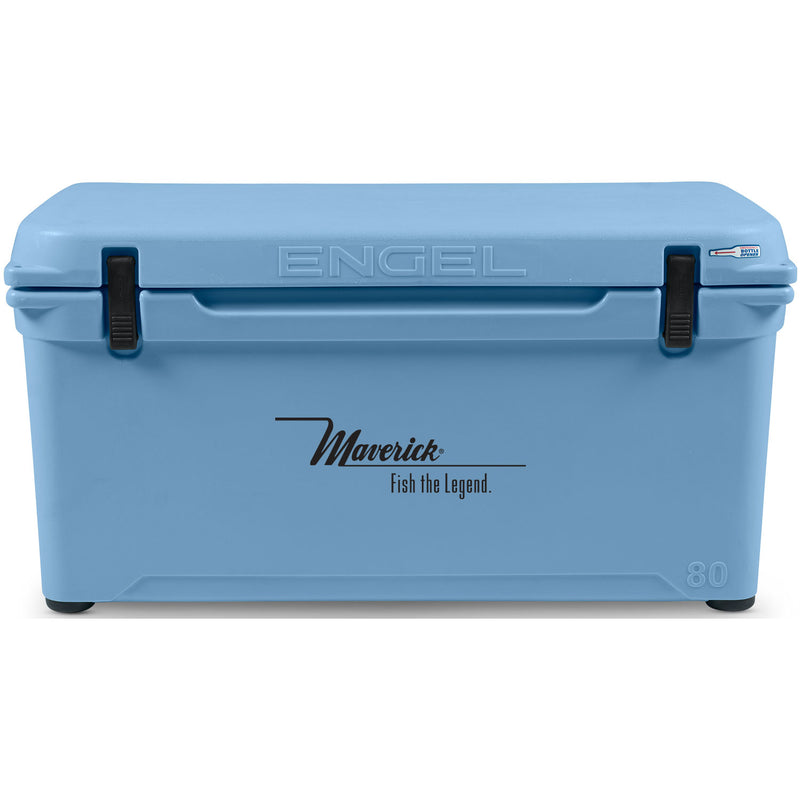 A durable, blue Engel 80 High Performance Hard Cooler and Ice Box with the word Engel Coolers on it.