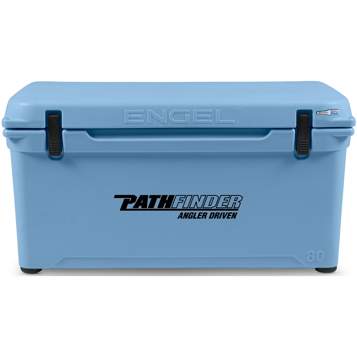 A blue, roto-molded cooler with the Engel 80 High Performance Hard Cooler and Ice Box - MBG on it, known for its durability from Engel Coolers.