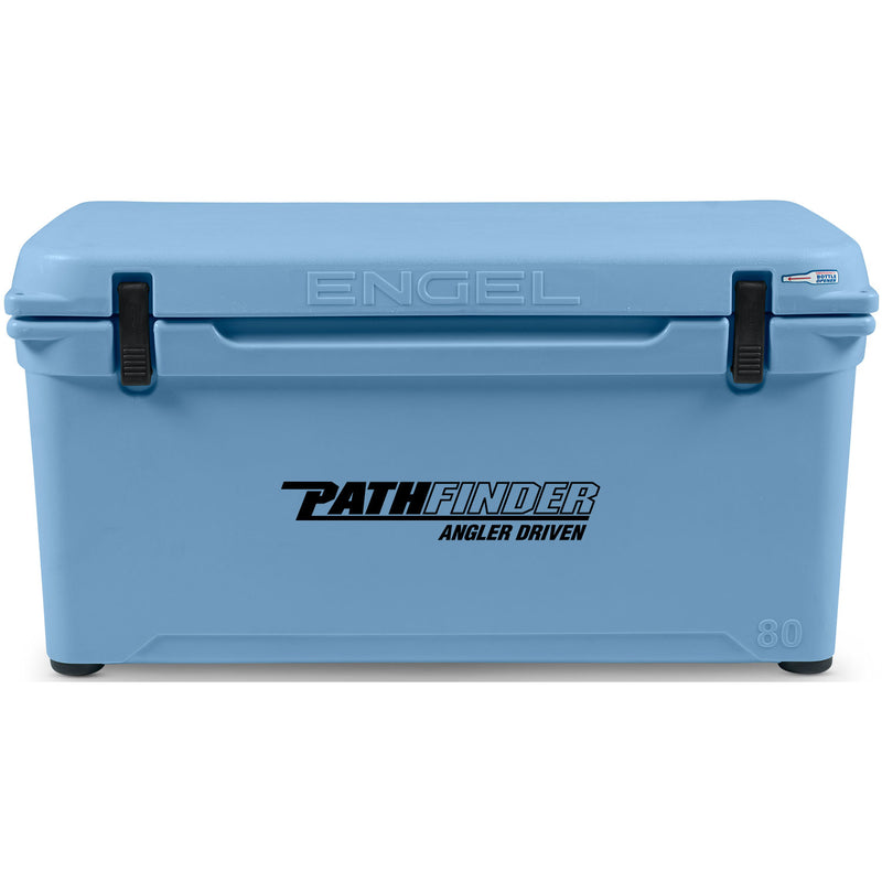 A blue, roto-molded cooler with the Engel 80 High Performance Hard Cooler and Ice Box - MBG on it, known for its durability from Engel Coolers.