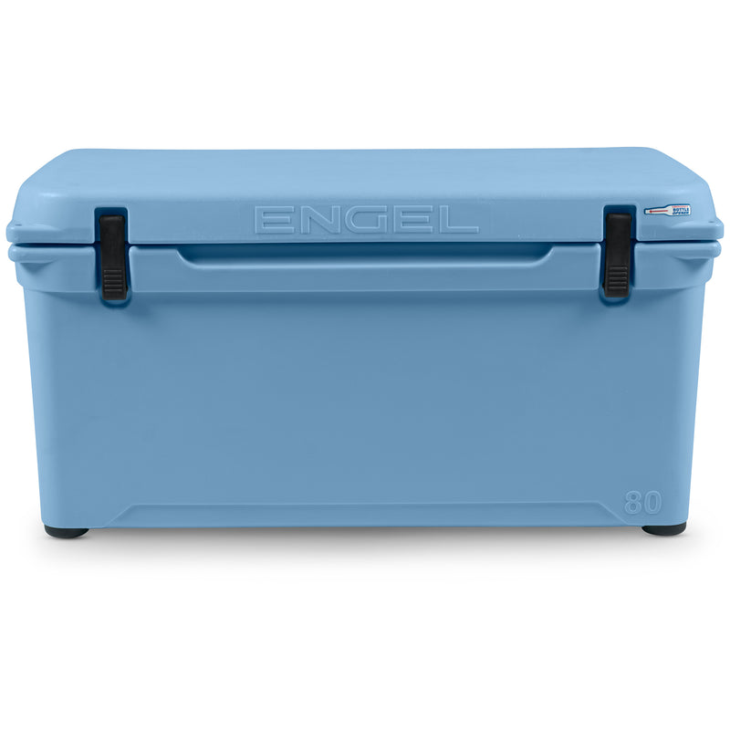 The Engel Coolers Engel 80 High Performance Hard Cooler and Ice Box is blue with black handles.