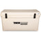 A durable, roto-molded tan cooler with the word "Engel" on it.