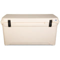 A beige Engel Coolers 80 High Performance Hard Cooler with black handles on a white background.