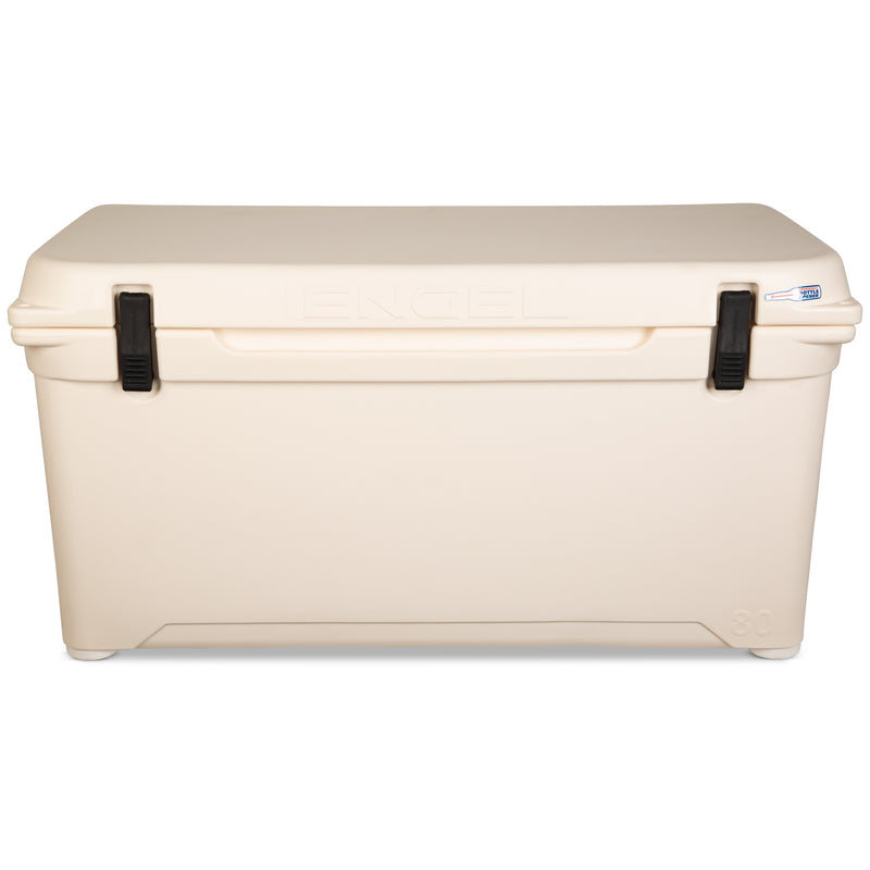 A beige Engel Coolers 80 High Performance Hard Cooler with black handles on a white background.