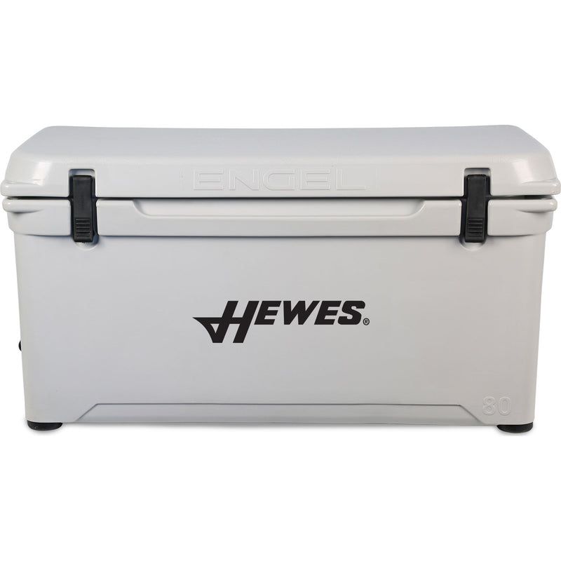 A white Engel 80 High Performance Hard Cooler and Ice Box with the word hewes on it, known for its durability.