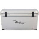A durable, white Engel 80 High Performance Hard Cooler and Ice Box with the word Mercedes on it.