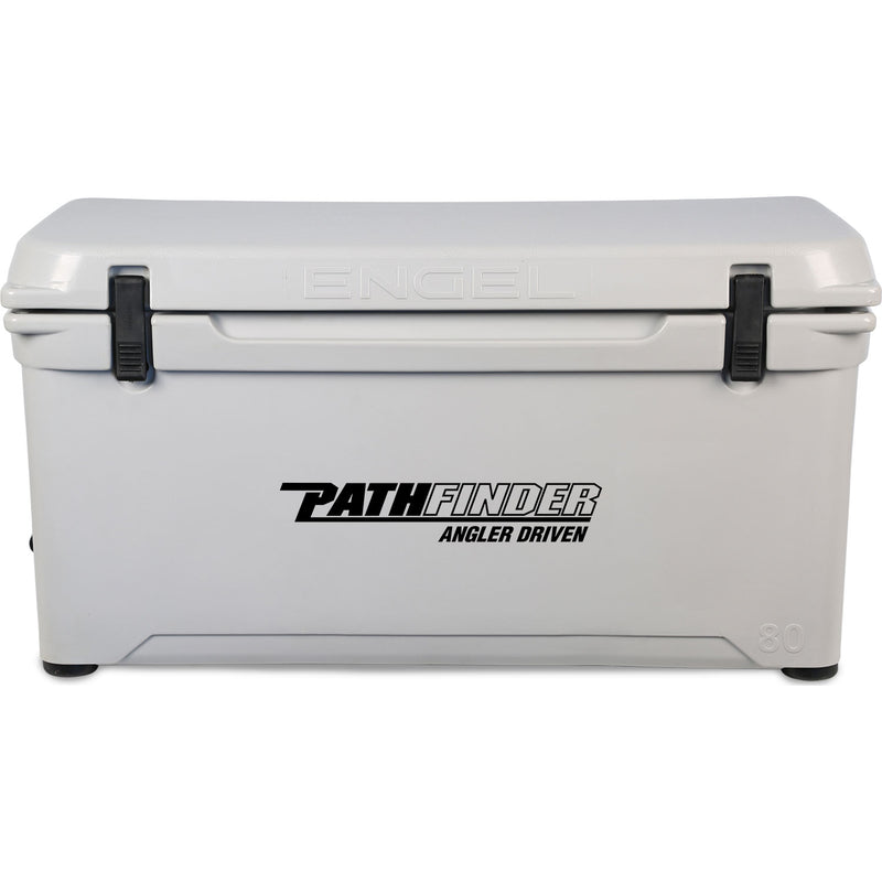 A durable, roto-molded white Engel 80 High Performance Hard Cooler and Ice Box - MBG with the word "paddler" on it.