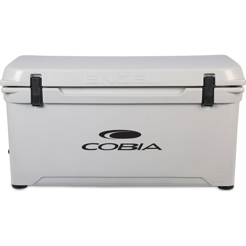 A white Engel 80 High Performance Hard Cooler and Ice Box - MBG with the word cobia on it, known for its durability.