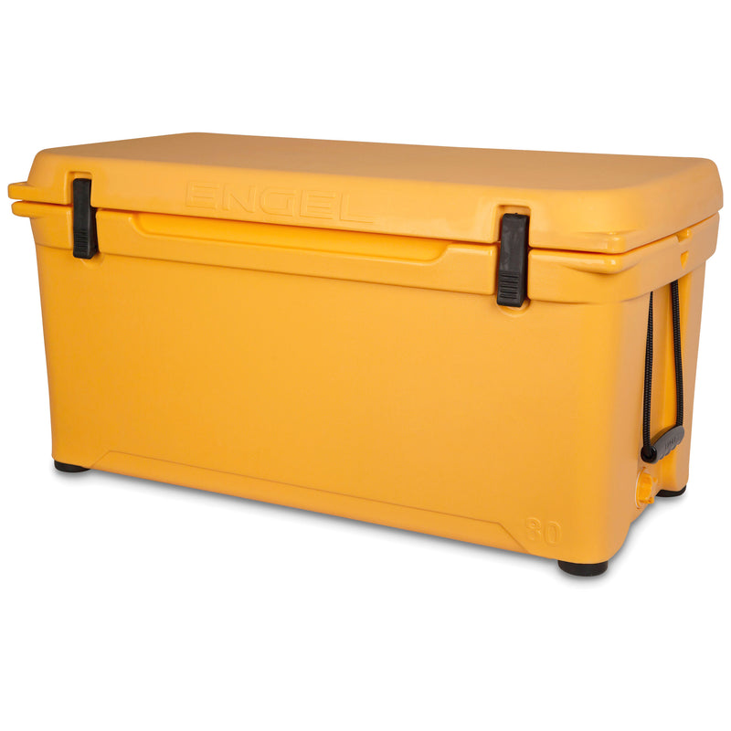 A yellow Engel Coolers 80 High Performance Hard Cooler and Ice Box on a white background.