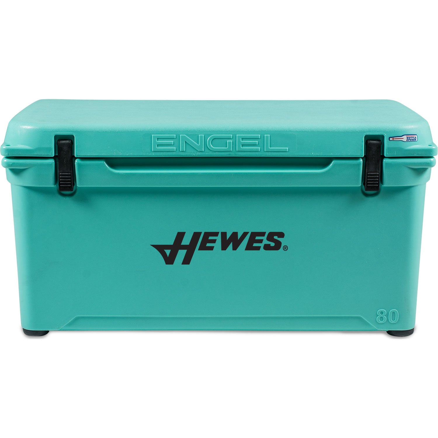 A teal, roto-molded cooler with the word Engel on it.