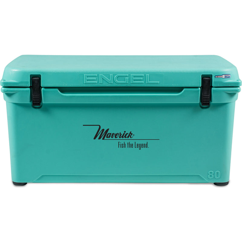 A turquoise, roto-molded cooler with the brand name Engel Coolers on it, known for its durability.