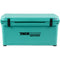 A teal, roto-molded cooler with the word Engel Coolers on it, known for its durability.