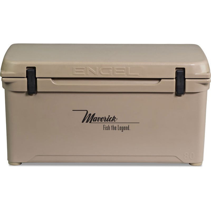 A tan Engel 80 High Performance Hard Cooler and Ice Box with the word Engel Coolers on it, known for its durability.