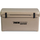 A tan, roto-molded cooler with the words "Engel Coolers" on it, known for its durability.