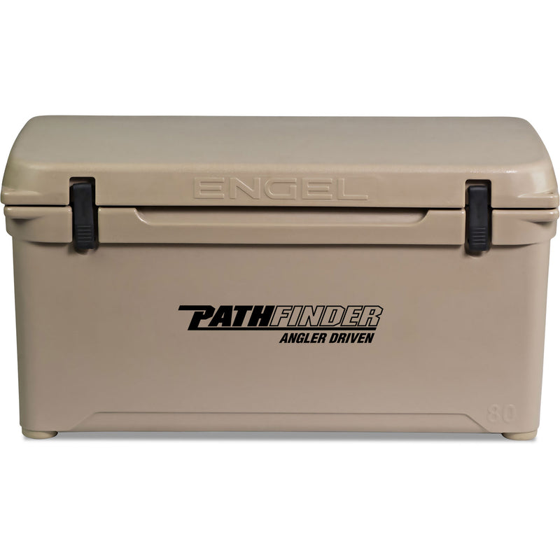 A tan, roto-molded cooler with the words "Engel Coolers" on it, known for its durability.