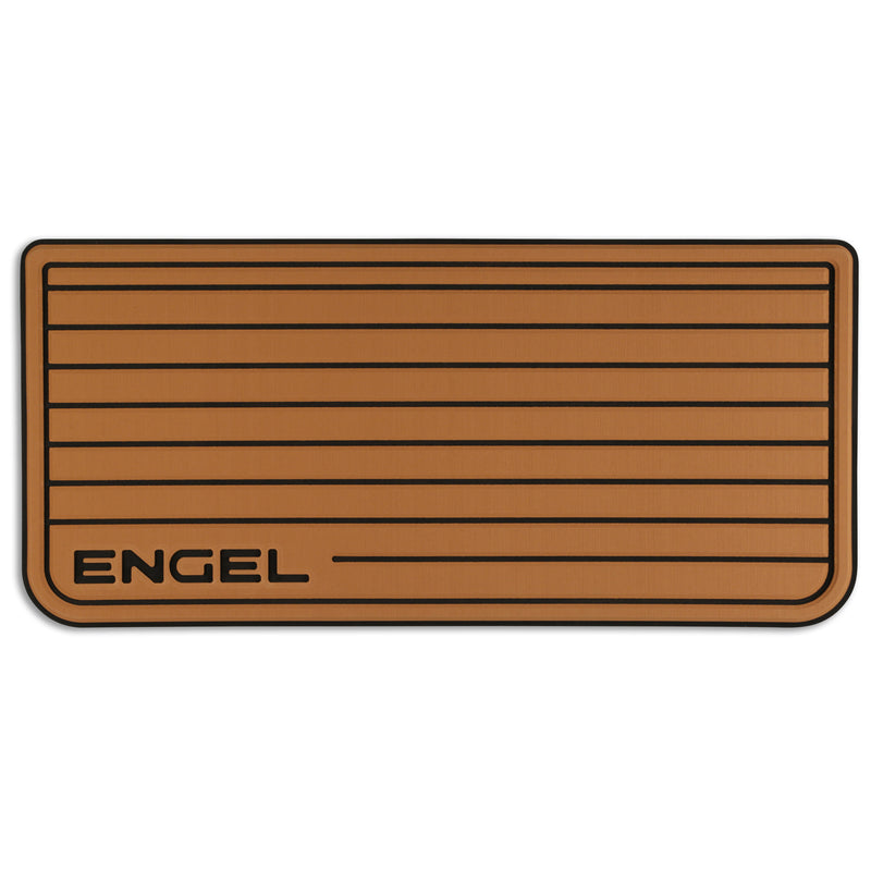 A brown Engel Coolers SeaDek Tan Teak Pattern Non-Slip Marine Cooler Topper door mat with the word engel on it, designed for marine environments.