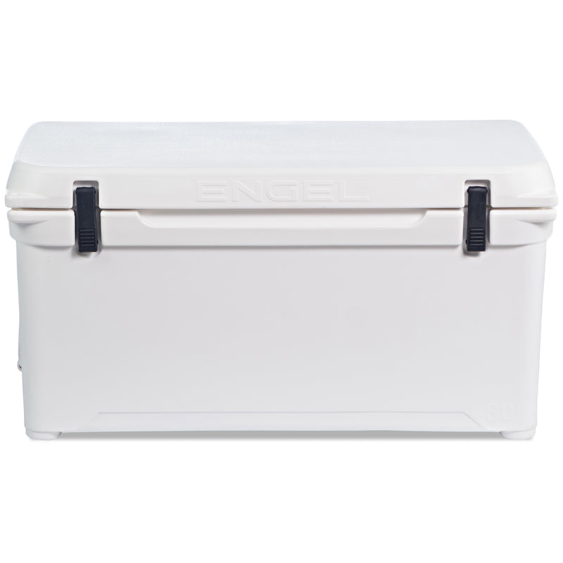 A Engel Coolers 80 High Performance Hard Cooler and Ice Box with black handles.