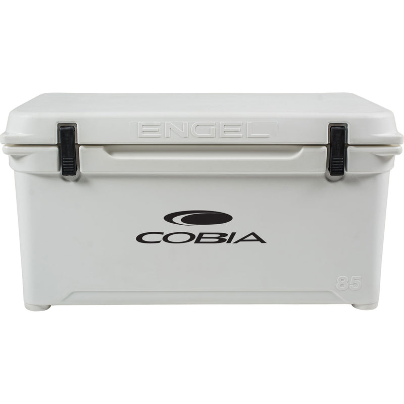 A white Engel Coolers rotomolded cooler with the word cobia on it, featuring 10 days ice retention.
