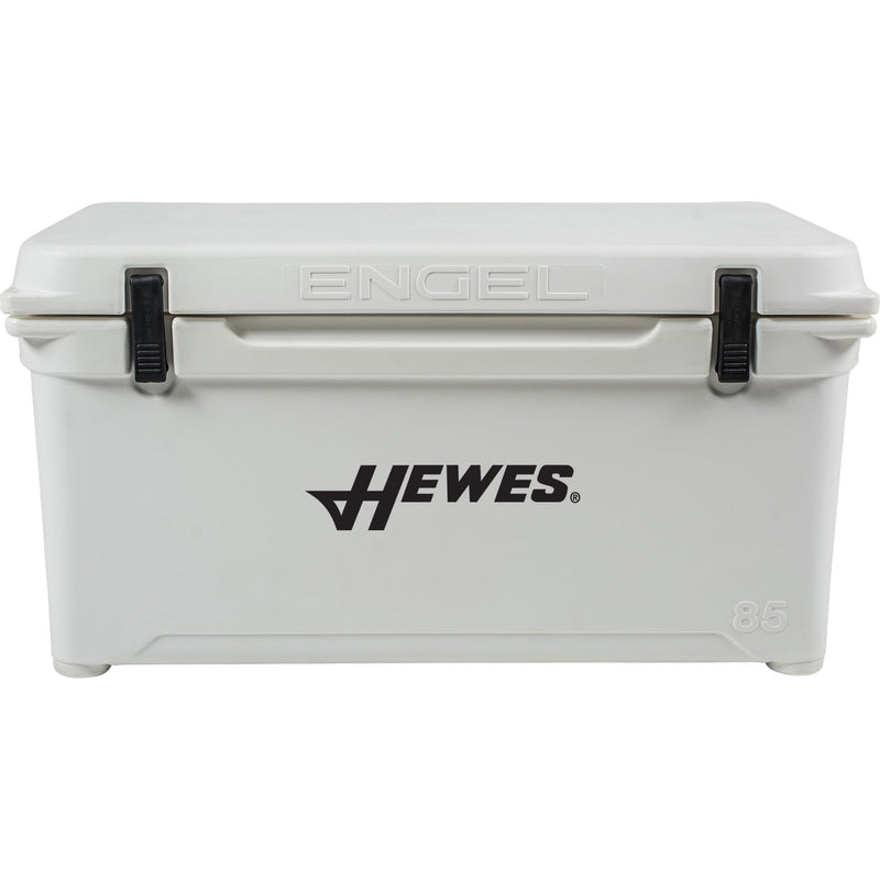 A white Engel 85 High Performance Hard Cooler and Ice Box with the words hewes on it.
