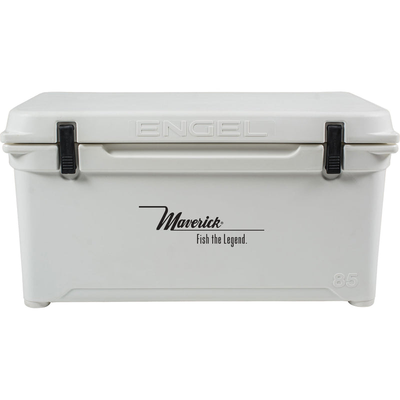 A white Engel 85 High Performance Hard Cooler and Ice Box with the word Engel on it, boasting 10 days ice retention.