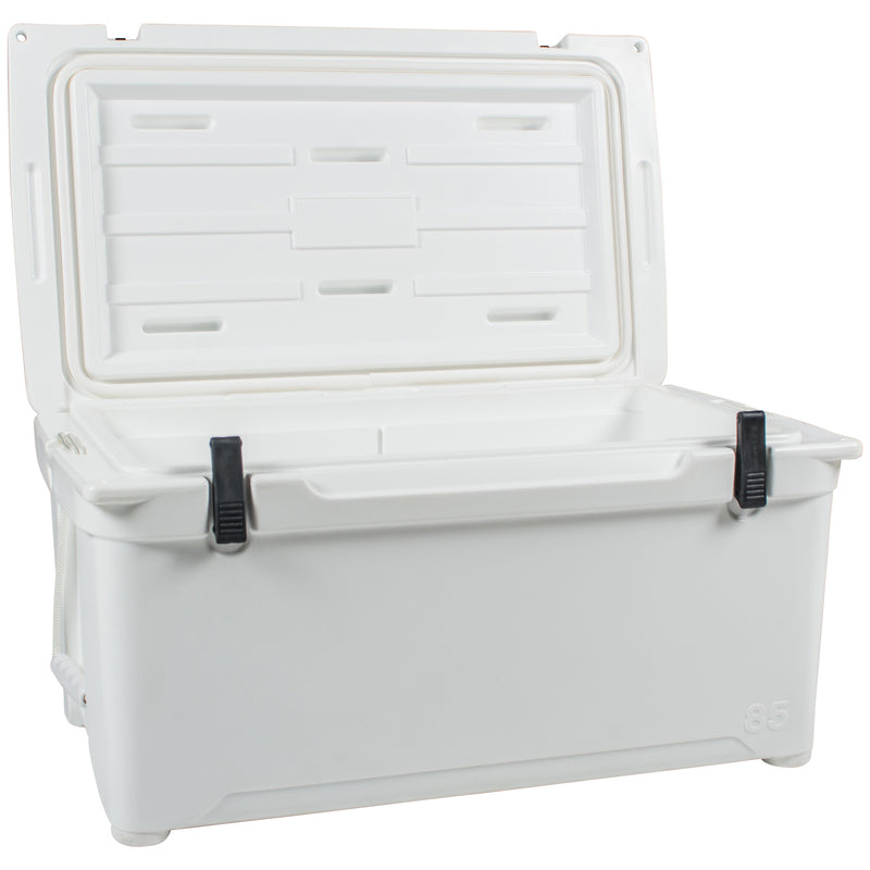 A durable, roto-molded Engel 85 High Performance Hard Cooler and Ice Box on a white background by Engel Coolers.