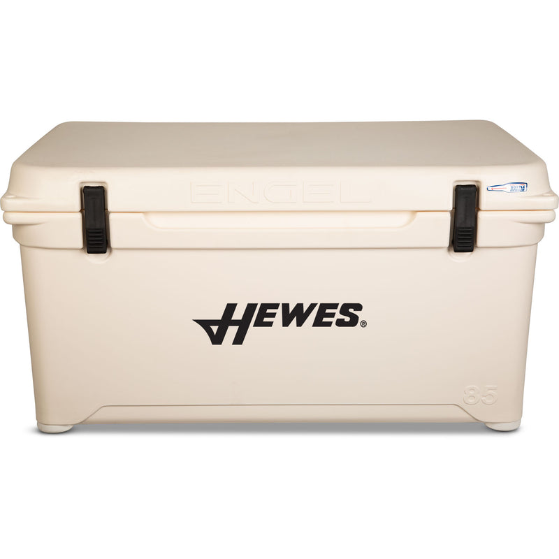 A beige, rotomolded cooler with the words Engel Coolers on it.