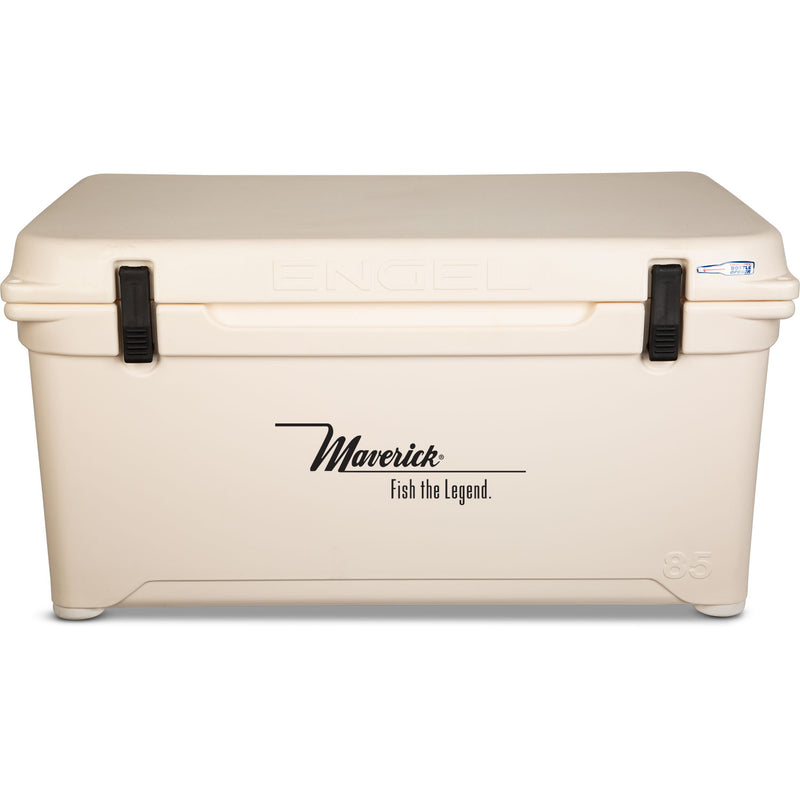 A beige Engel 85 High Performance Hard Cooler and Ice Box with the word Mercedes on it.