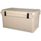 A durable, roto-molded Engel 85 High Performance Hard Cooler and Ice Box in tan on a white background.