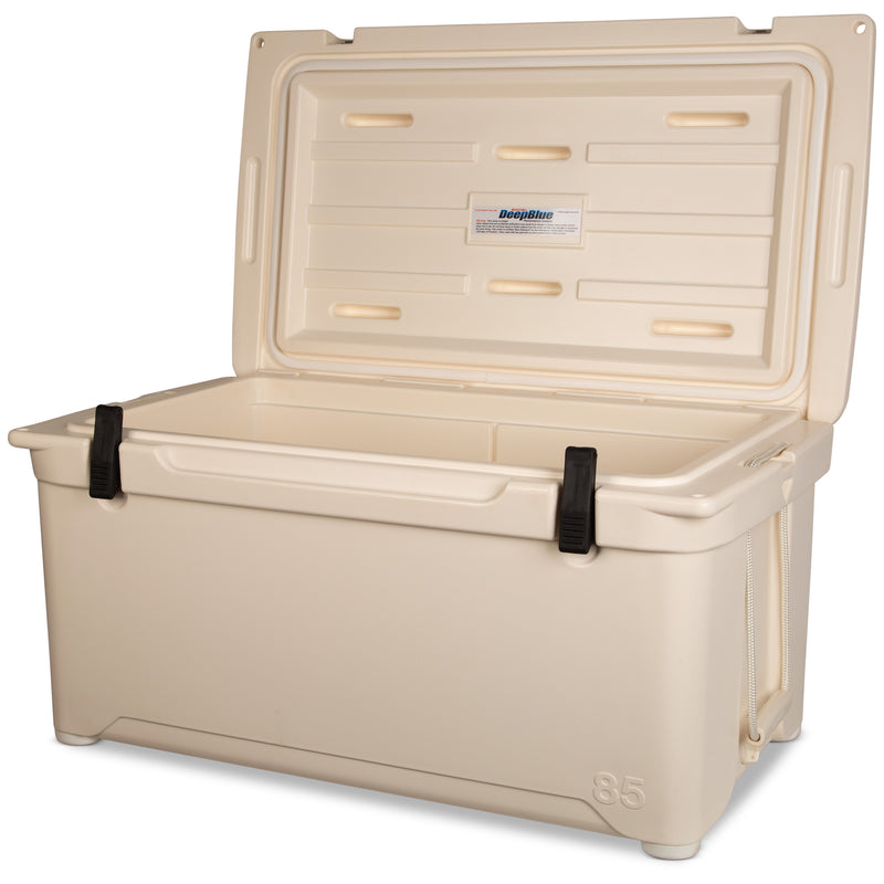 A durable, tan Engel 85 High Performance Hard Cooler and Ice Box with black handles.