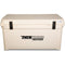 A tan Engel Coolers rotomolded cooler with the word "pathfinder" on it, boasting 10 days ice retention.