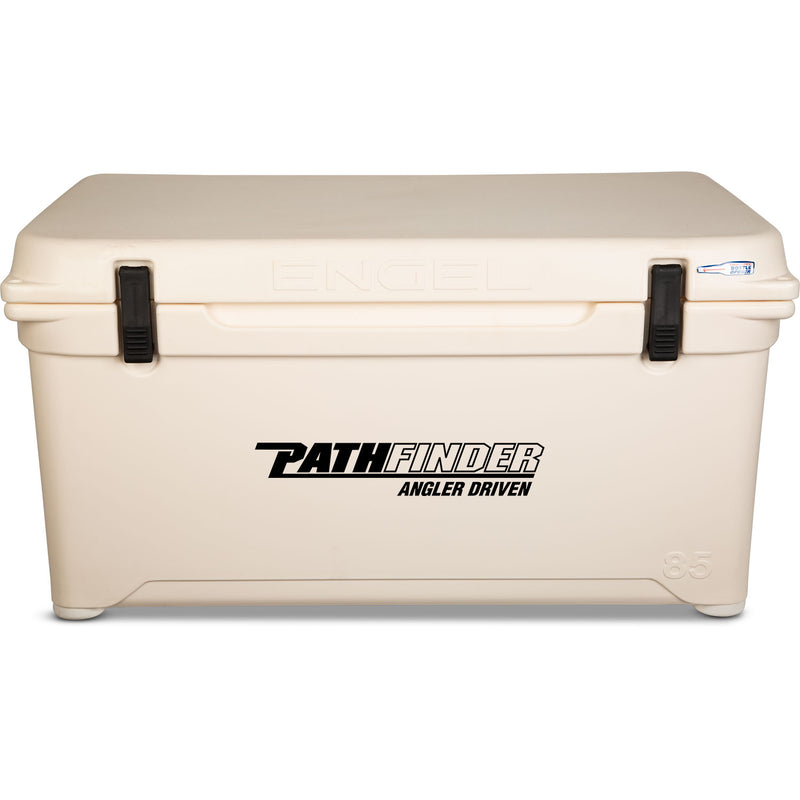 A tan Engel Coolers rotomolded cooler with the word "pathfinder" on it, boasting 10 days ice retention.