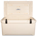 A white, durable Engel 85 High Performance Hard Cooler and Ice Box with black handles from Engel Coolers.
