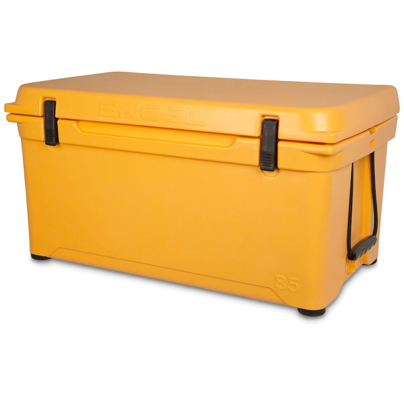A durable, yellow Engel 85 High Performance Hard Cooler and Ice Box on a white background.